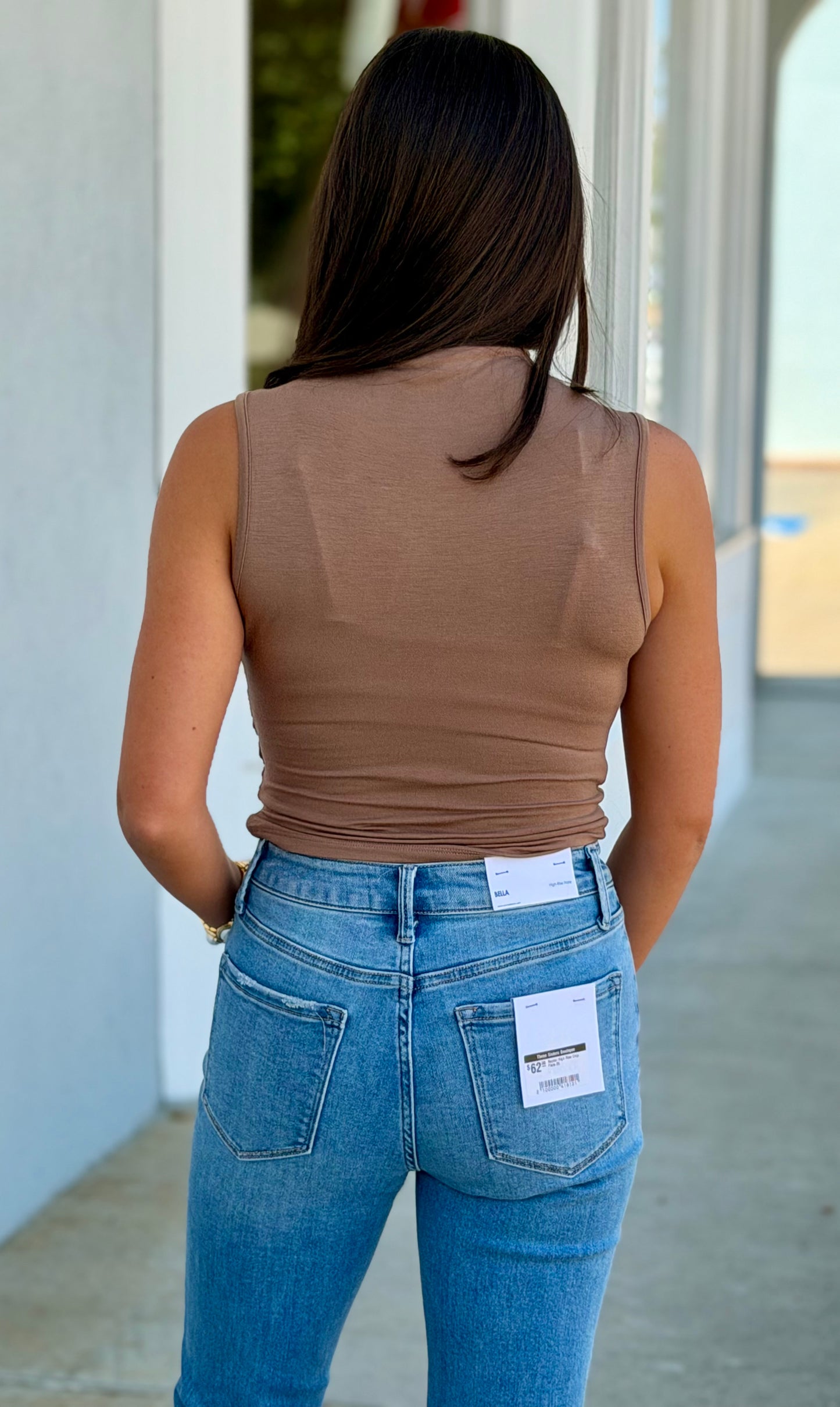 Mock Neck Ruched Sleeveless Knit Top, Mocha