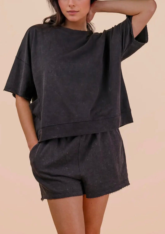 PLUS Mineral Washed Knit Casual Top & Shorts, Black