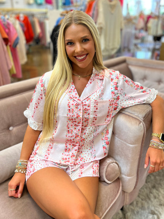 Floral Printed Ruffle Satin Pajama Set