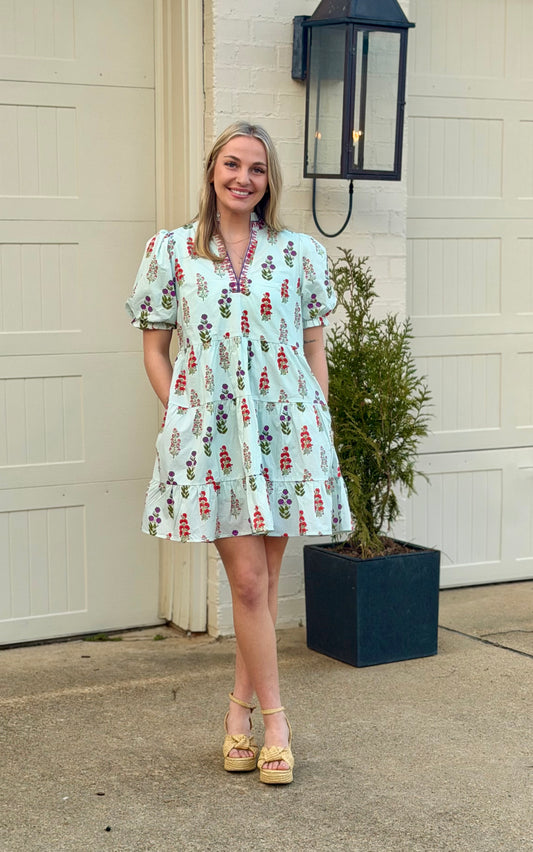 Light Mint Embroidery Neckline Floral Dress