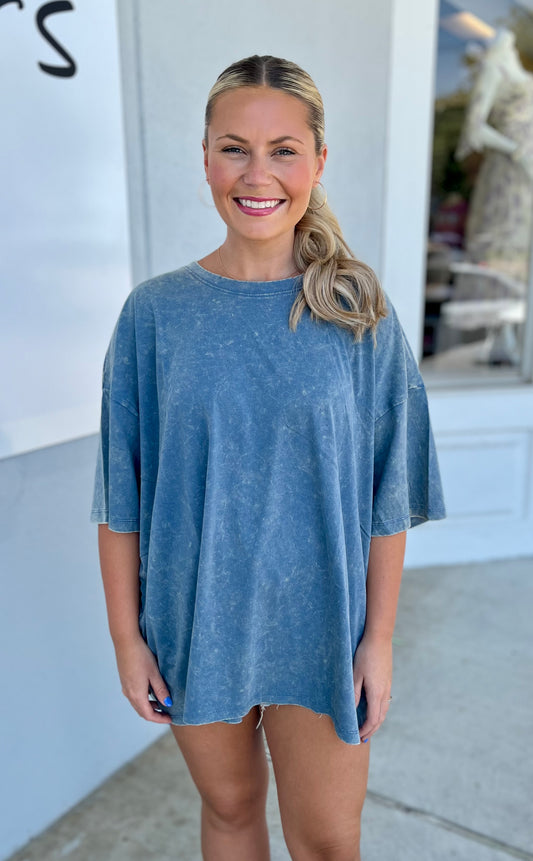 Acid Wash Oversized Boyfriend Tee, Dusty Blue