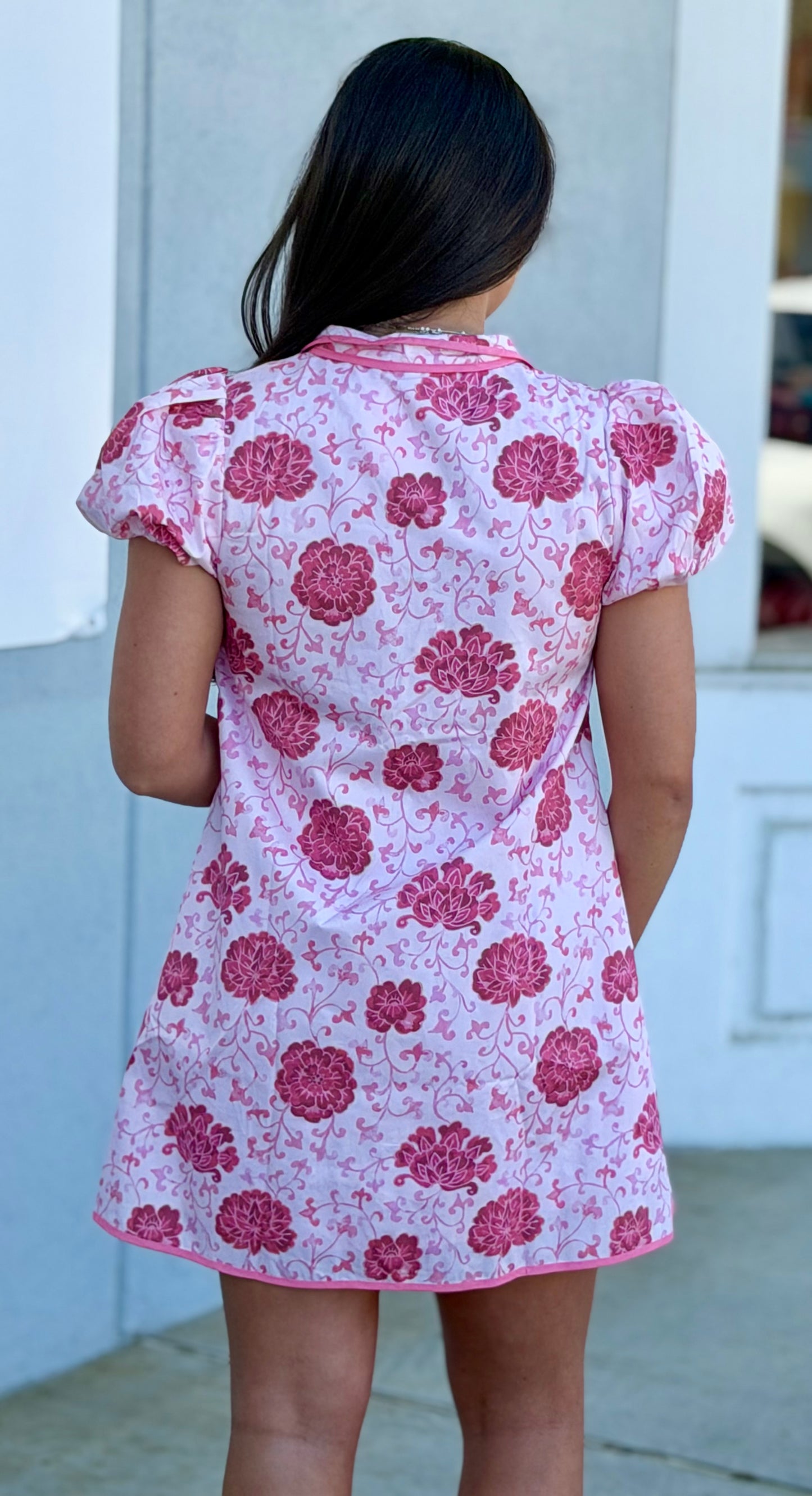 Pink Floral Print Puff Sleeve Zip Up Mini Dress
