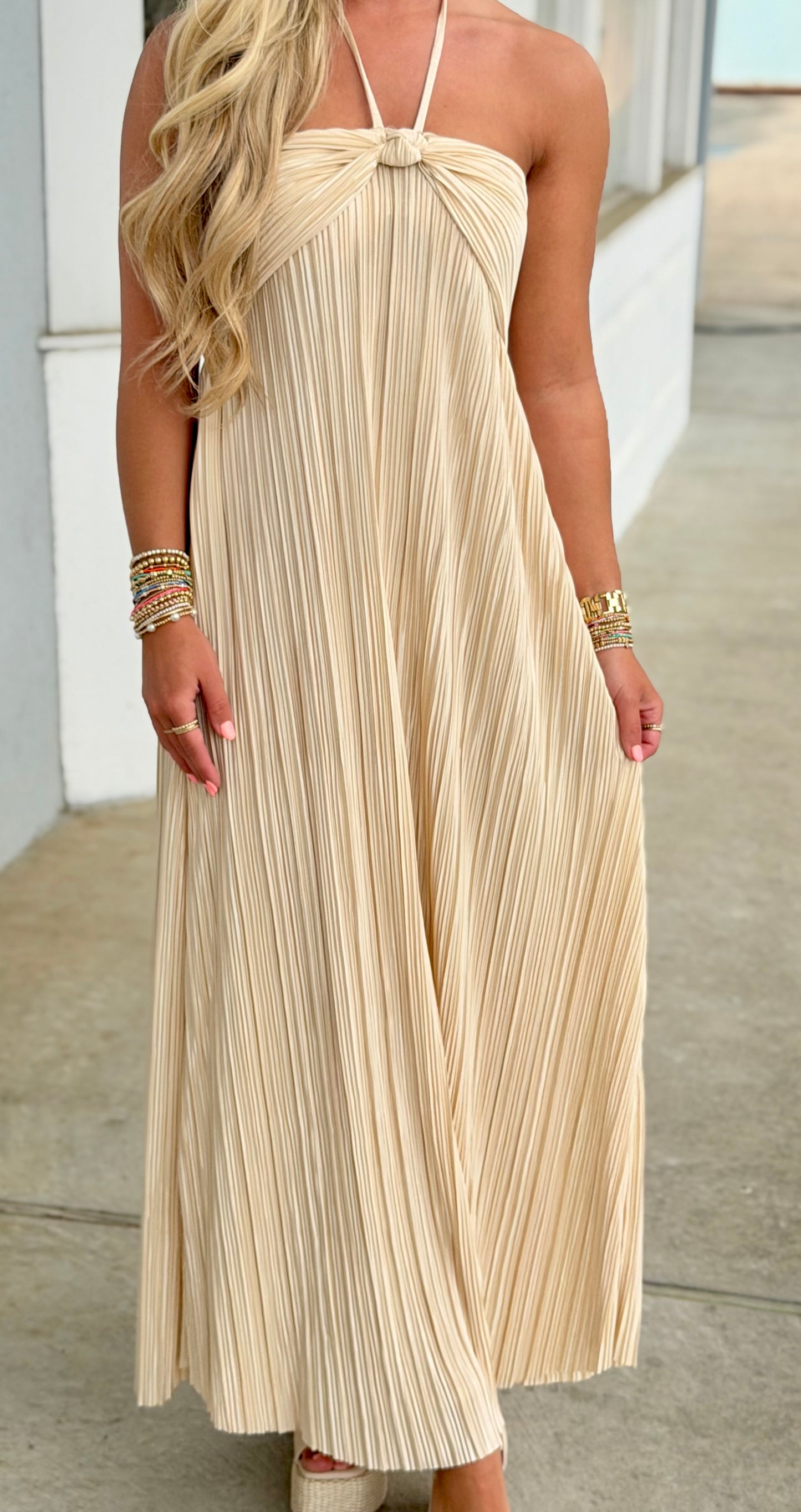 Champagne Halter Neck Flowy Maxi Dress