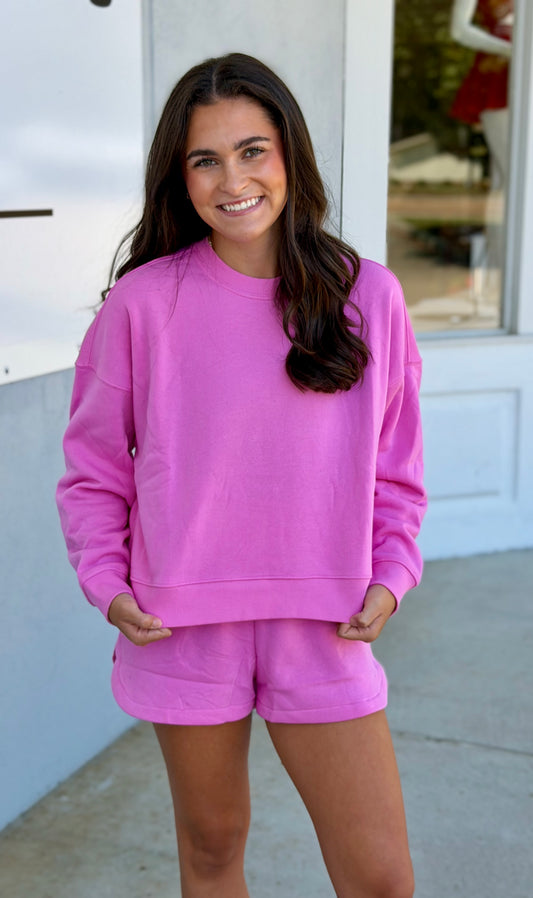 Fleece Long Sleeve Sweatshirt & Short SET, Candy Pink