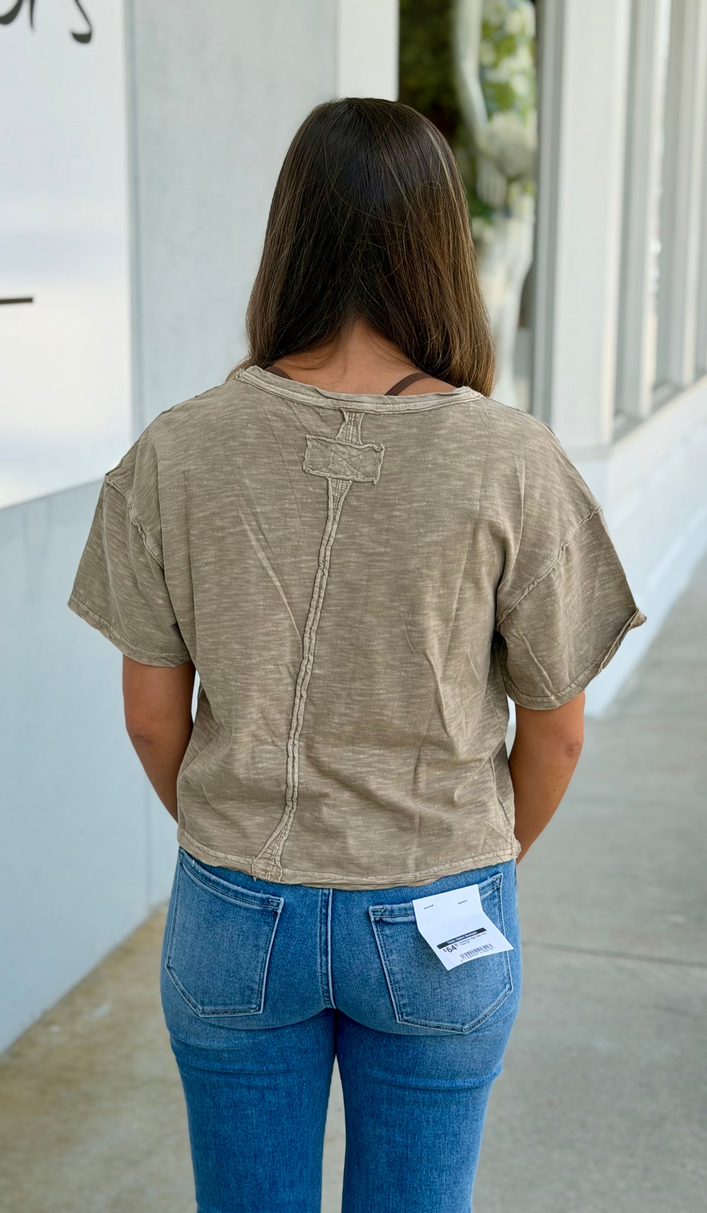 Dolman Short Sleeve Exposed Seam Knit Top , Khaki