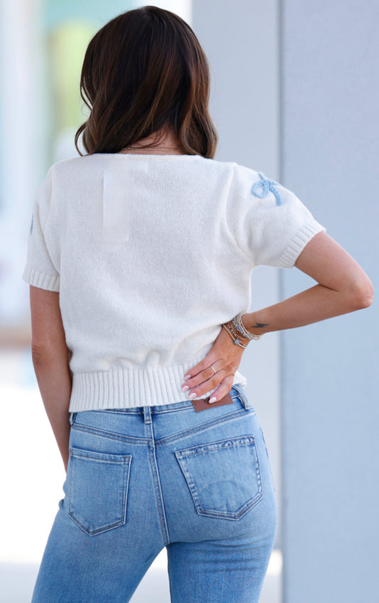 Ivory Bow Appliqué Sweater Top