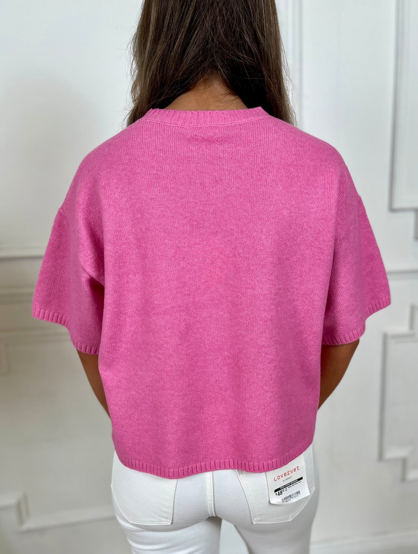 Short Sleeve Crew Neck Boxy SweaterTop, Pink