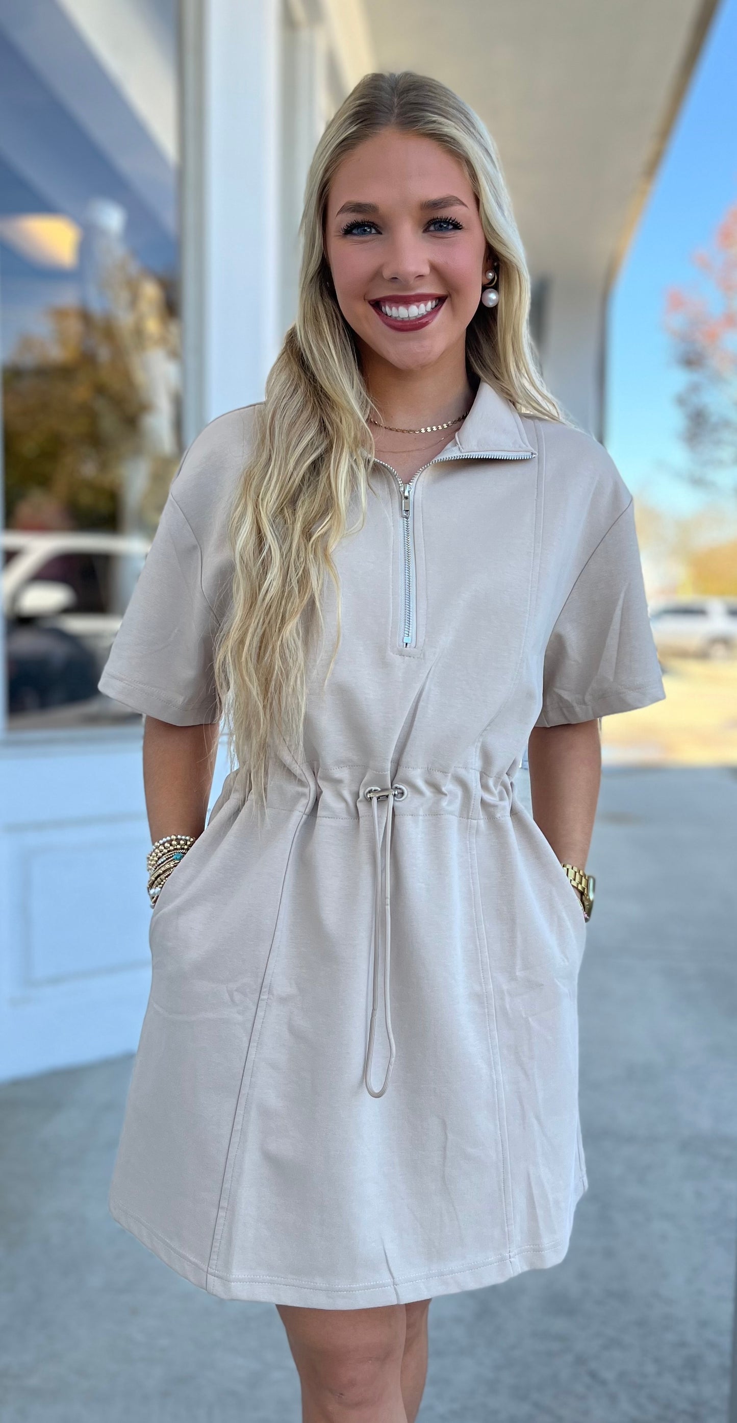 Lt Taupe Drawstring Scuba Knit Dress