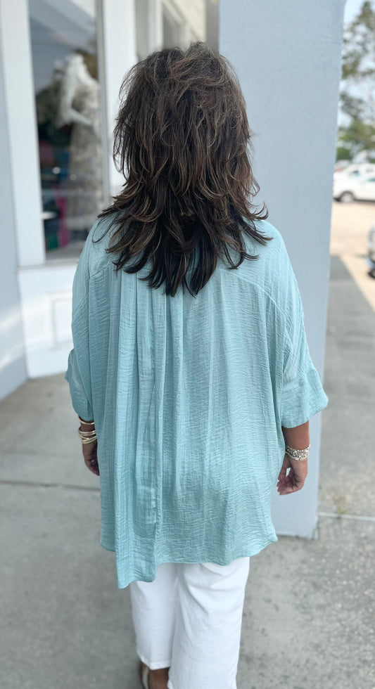 Mint Washed Satin Button Down Hi Low Top