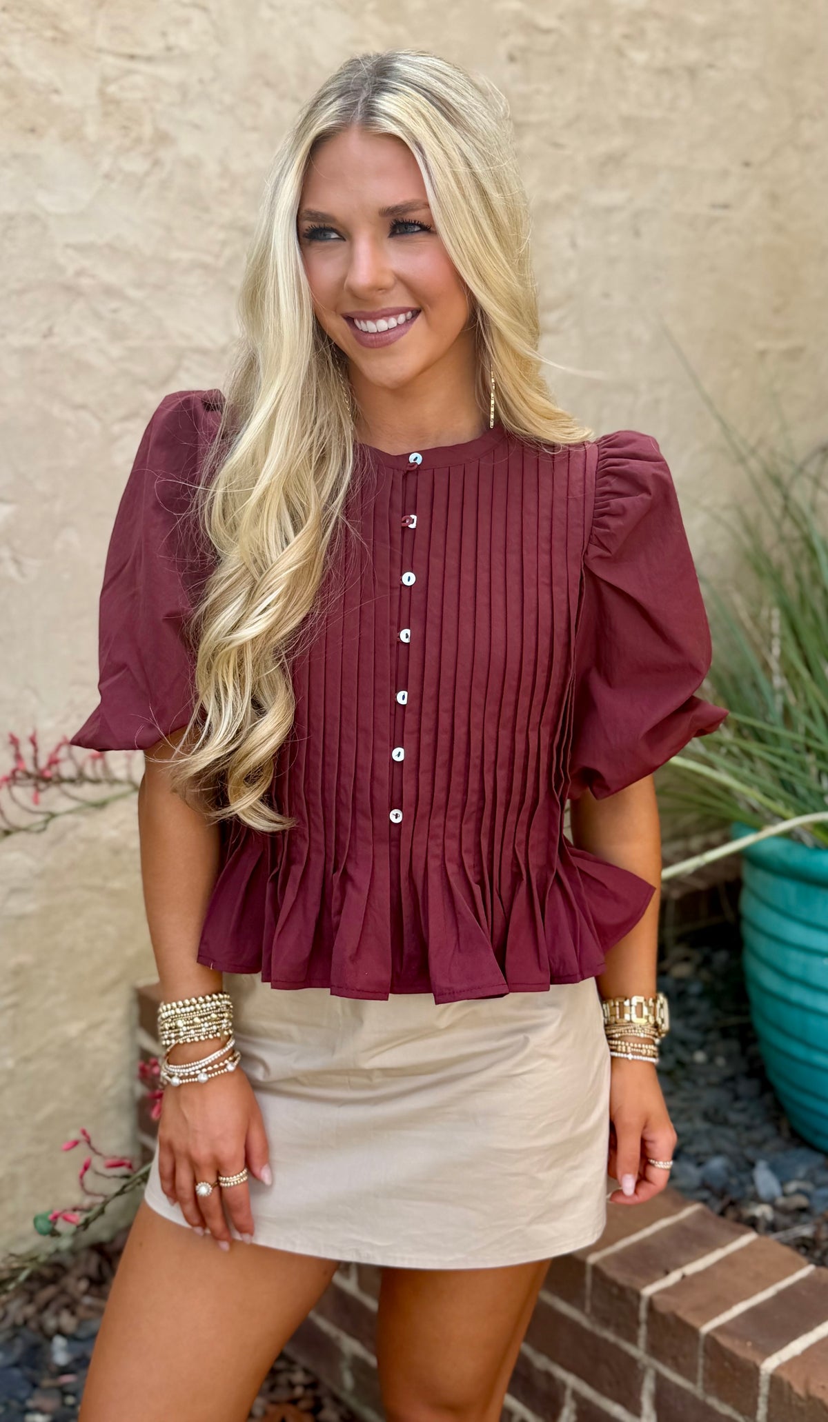 Maroon Puff Sleeve Peplum Top