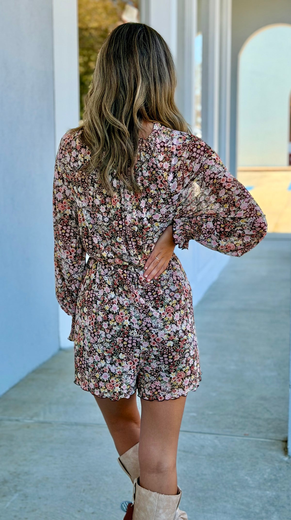Chocolate Floral Mesh Belted Romper