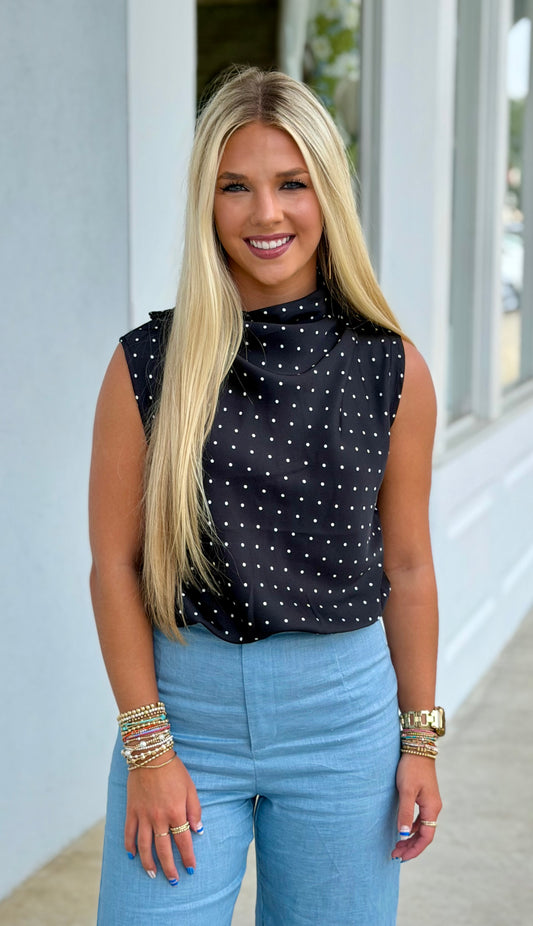 High Neck Sleeveless Dot Top, Black