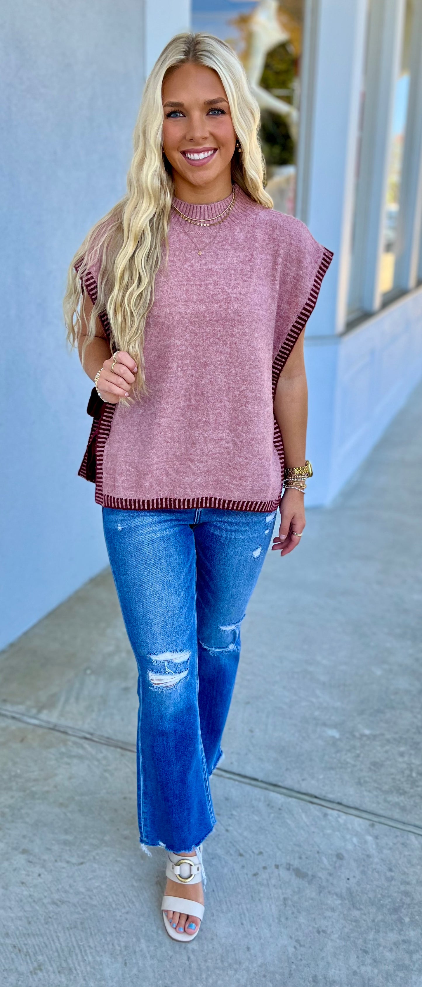 Side Tie Knit Sweater Vest, Blush