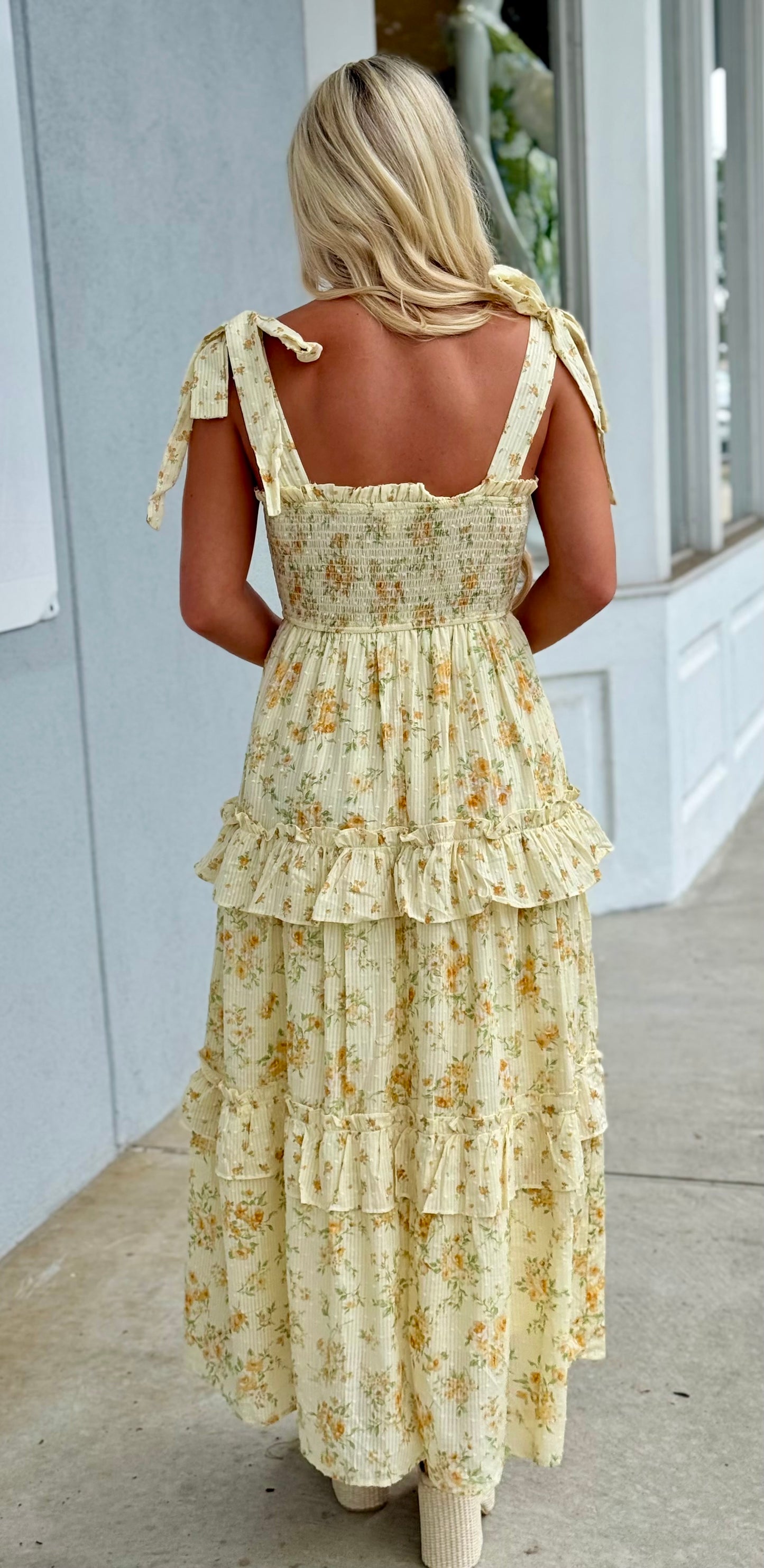 Sunwashed Lemon Lace Floral Maxi Dress