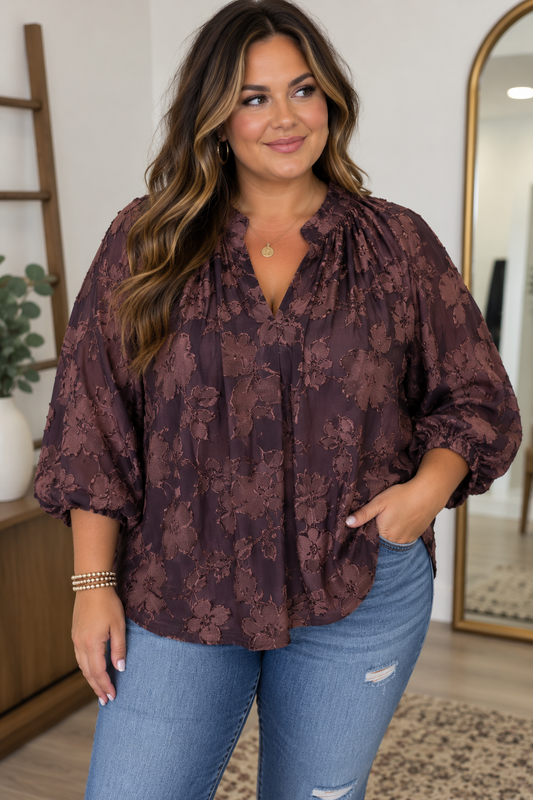Plus Brown Textured Floral Balloon Sleeve Blouse