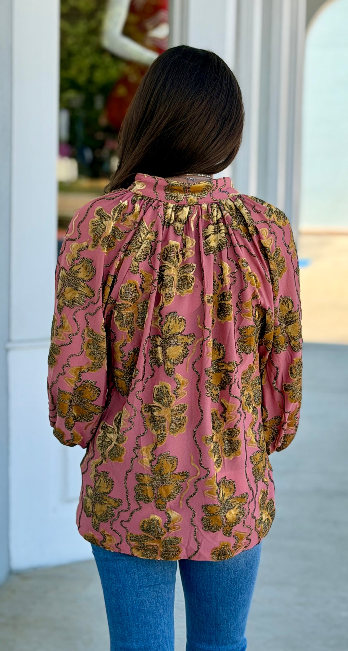 Rose Metallic Velvet Floral Textured Split Neck Blouse