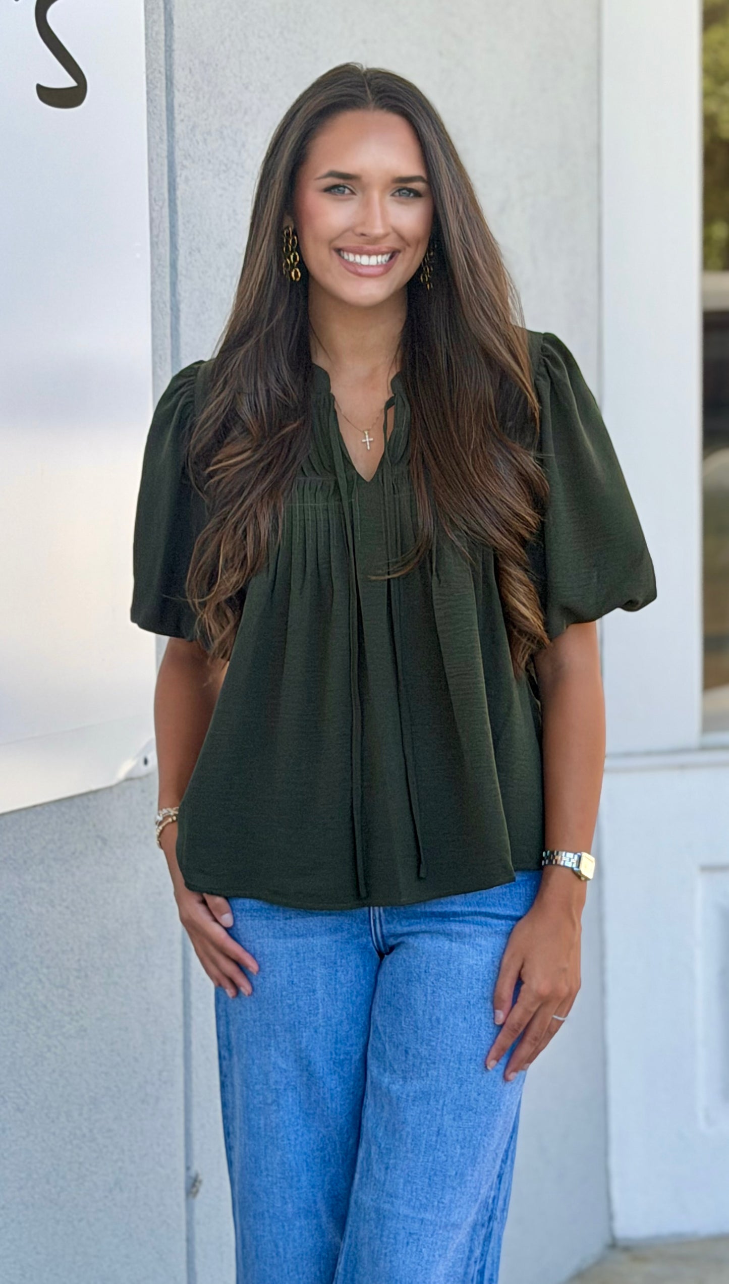 Puff Sleeve Pintuck Detail w/ Neck Tie Top, Olive