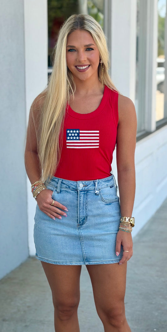 American Flag Scoop Neck Tank, Ruby
