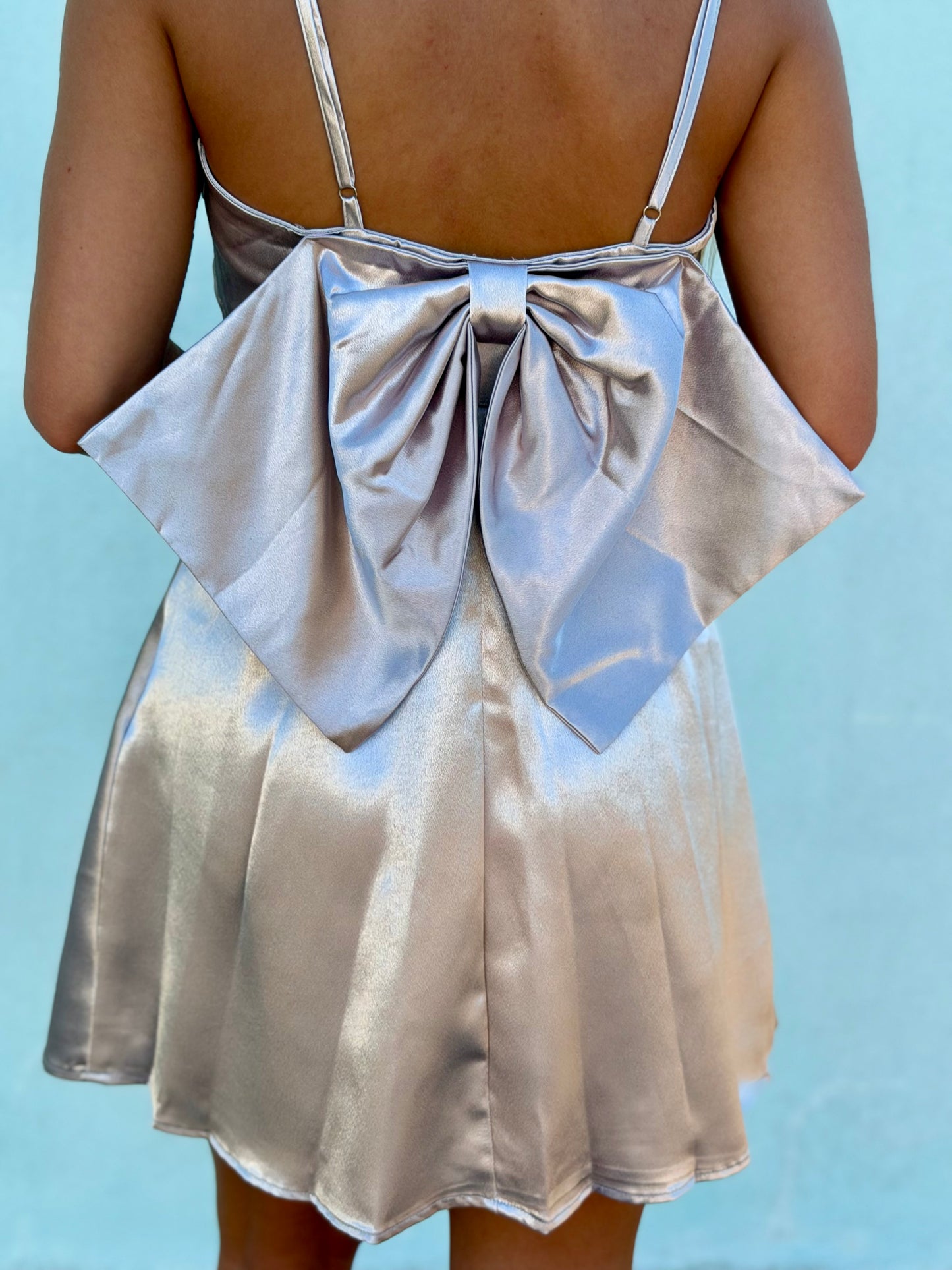 Satin Bow Detail Mini Dress, Champagne