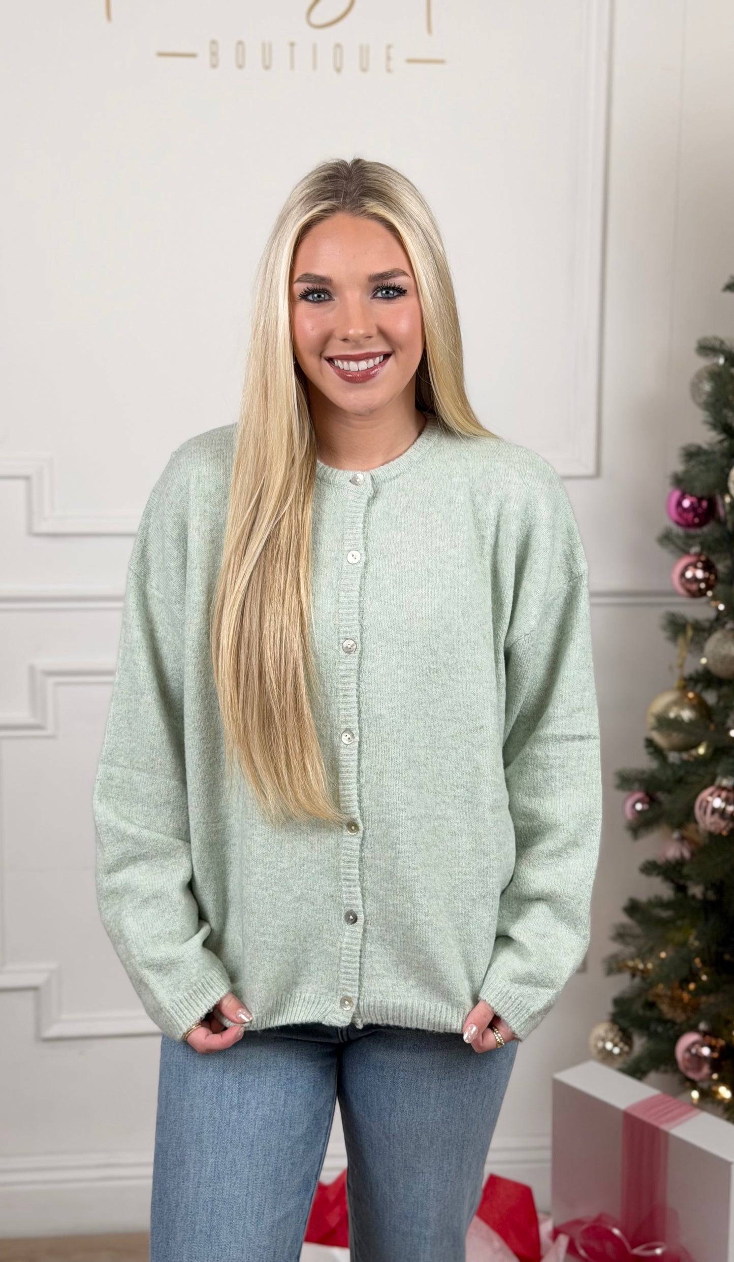 Long Sleeve Crew Neck Cardigan , Mint