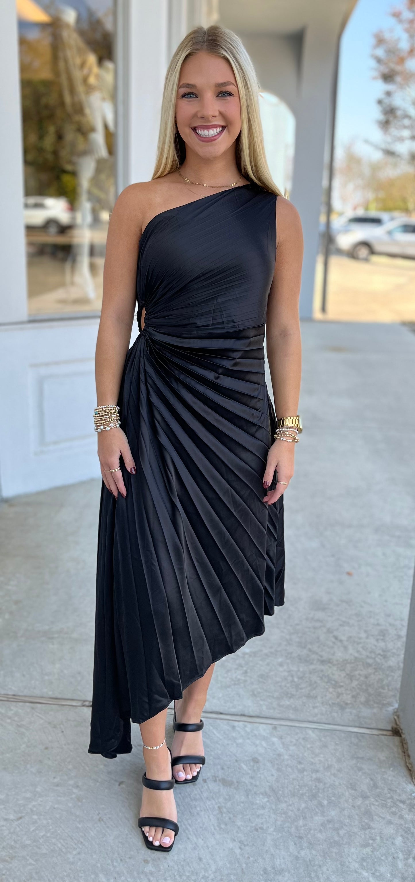 Black One Shoulder Pleated Asymmetrical Dress