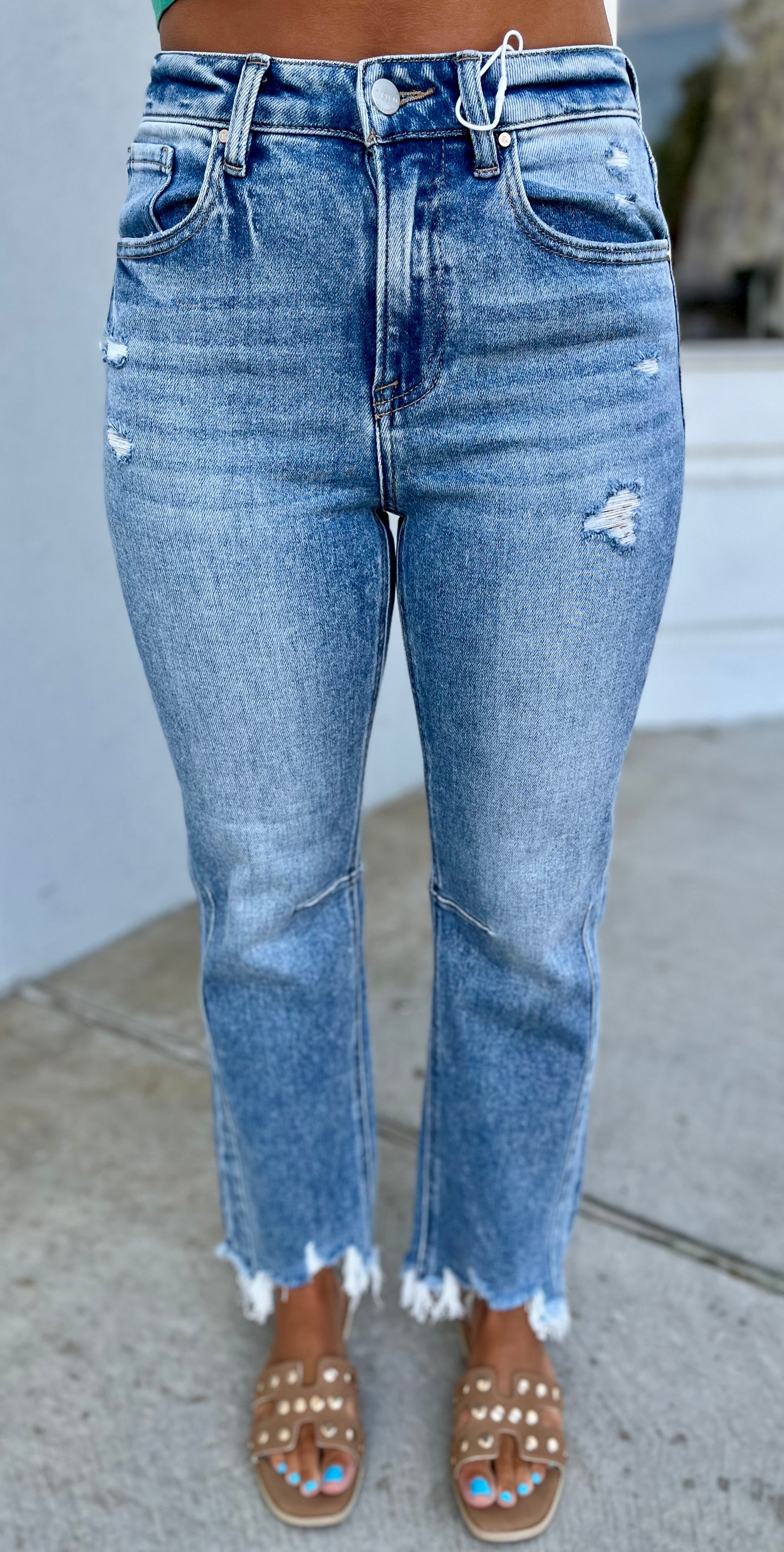 High Rise Crop Straight Distressed Hem Jeans