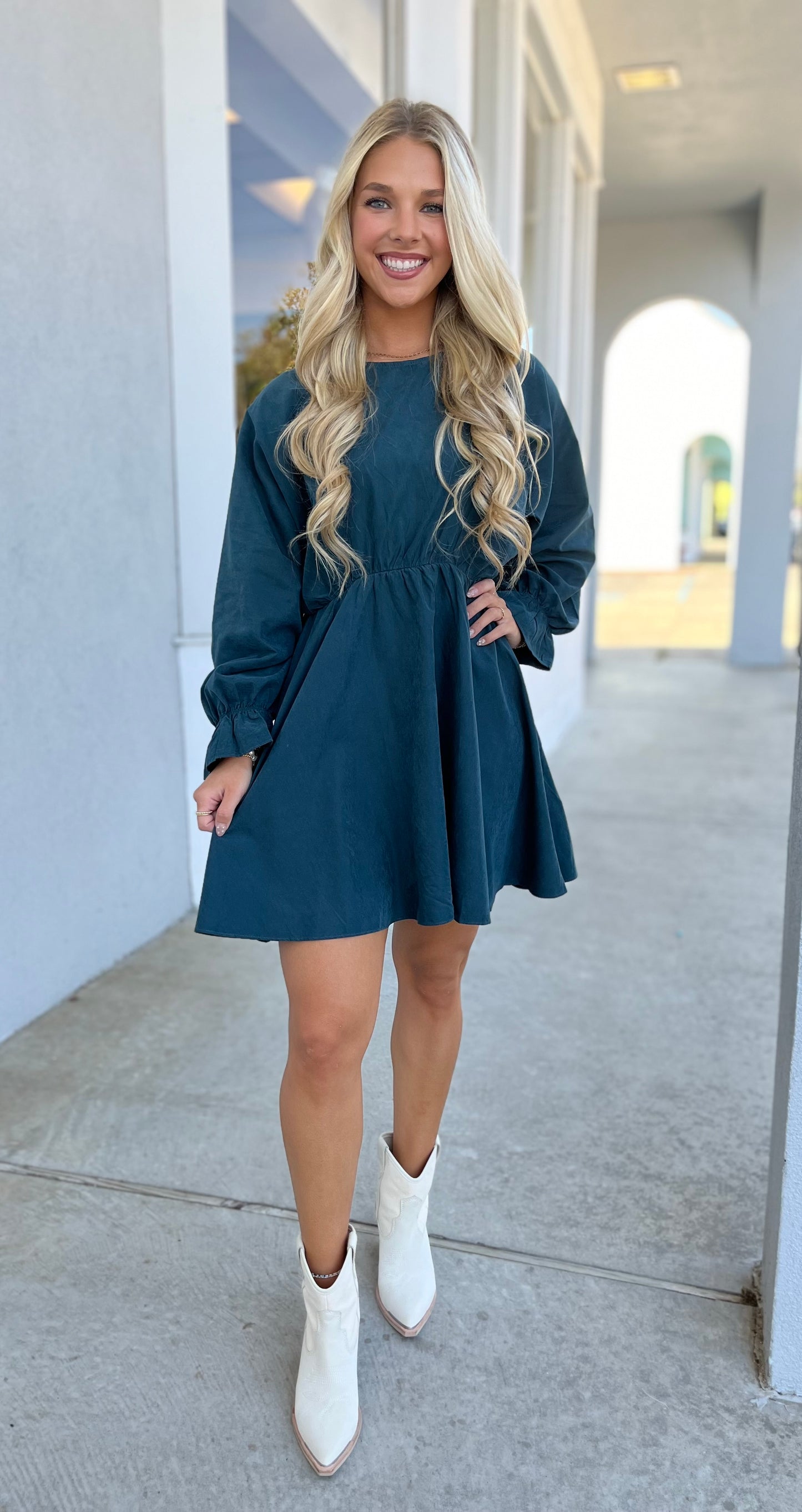 Green Long Sleeve Ruffle Dress