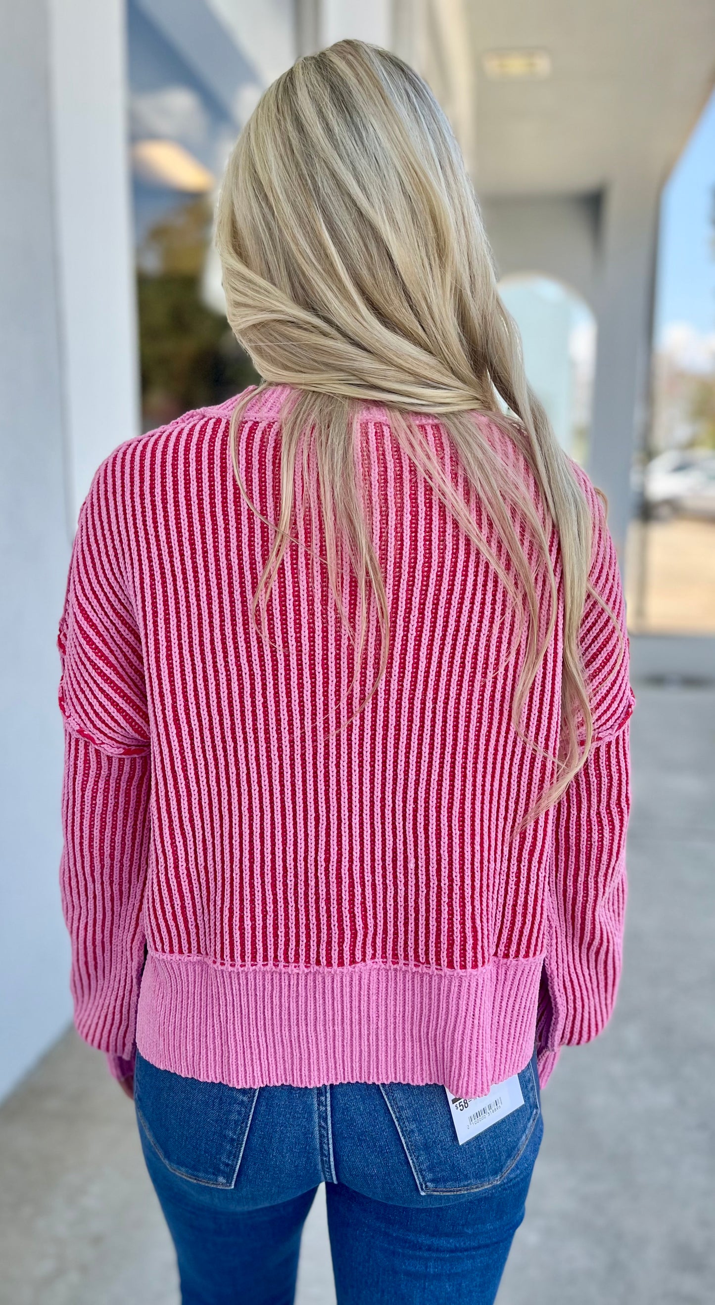 Two Tone Striped Sweater, Pink
