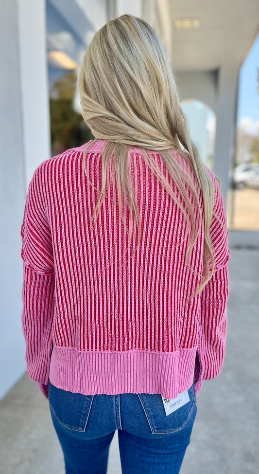 Two Tone Striped Sweater, Pink