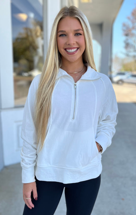 White Half Zip Sweater with Pockets