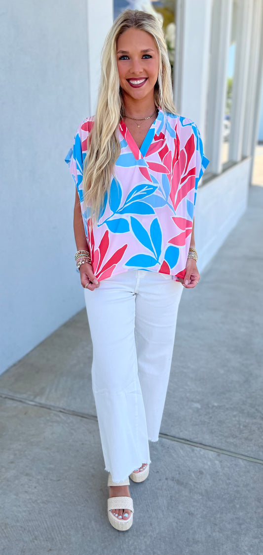 Emerson Capri Crush Shirred Sleeve  Top
