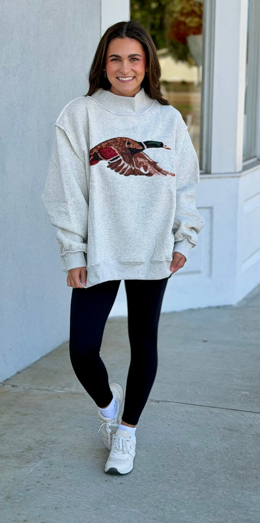 Ash Grey Mallard Embroidered Mock Neck Sweatshirt