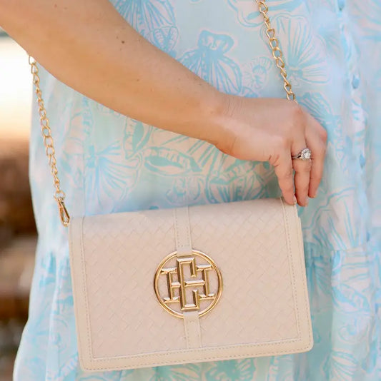 Cecilia Circle Logo Handbag, Woven Almond