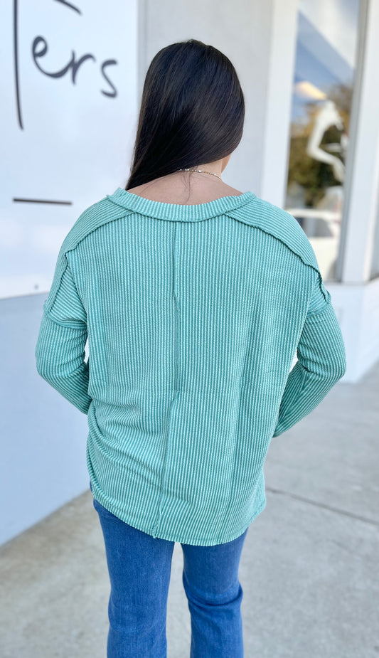 Corded Rib Long Sleeve V Neck Top, Lt Jade
