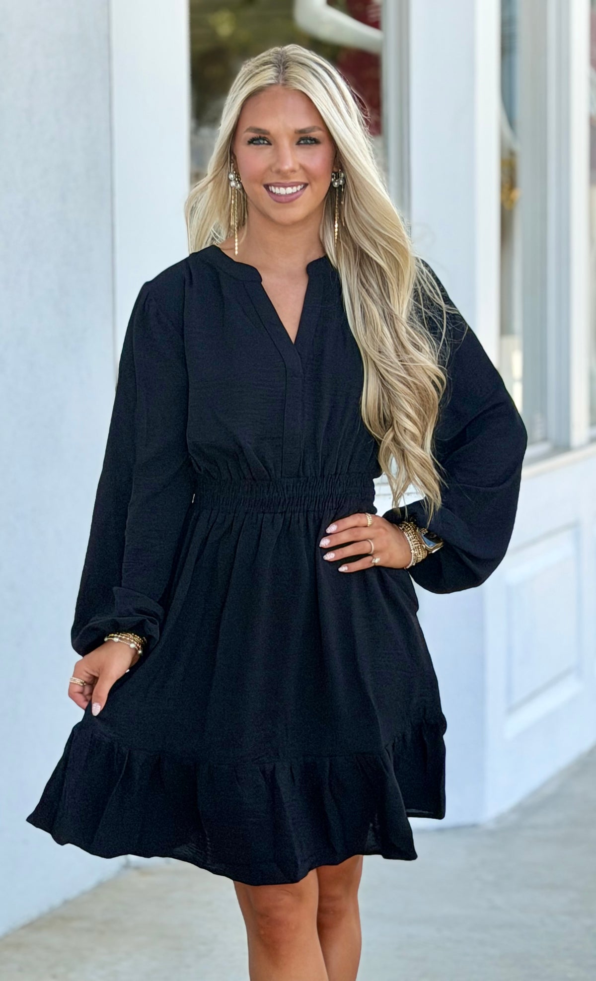Black Elastic Waist Dress With Pockets