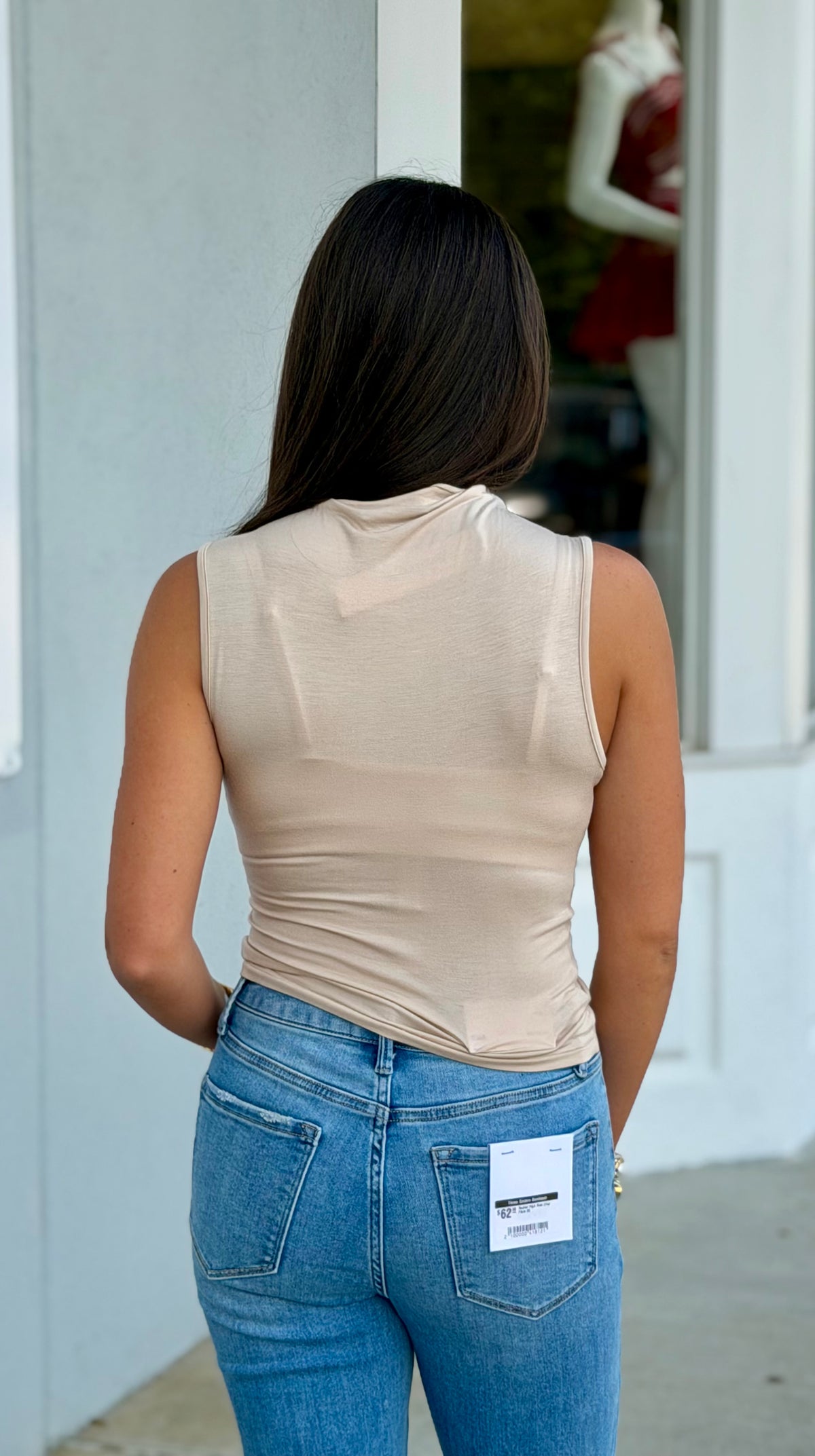 Mock Neck Ruched Sleeveless Knit Top, Light Khaki