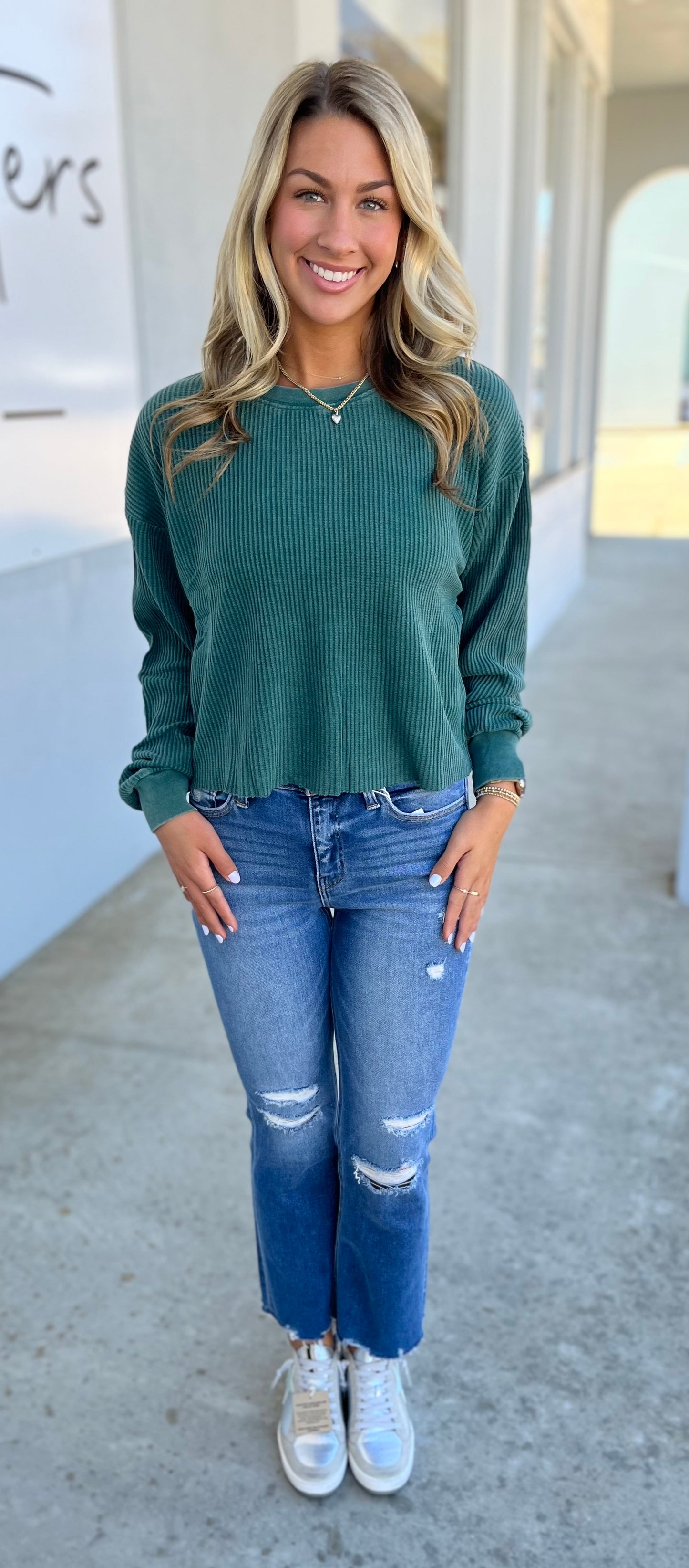 Mineral Washed Waffle Long Sleeve Top, Deep Green