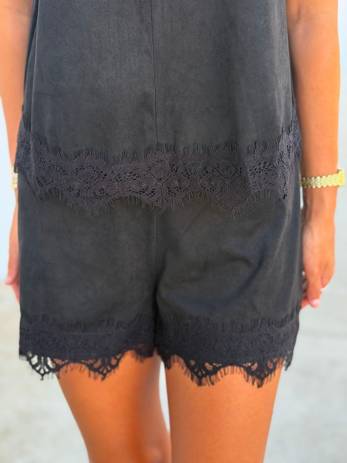 Black Stand Collar Slit V Neck Lace Trim Top