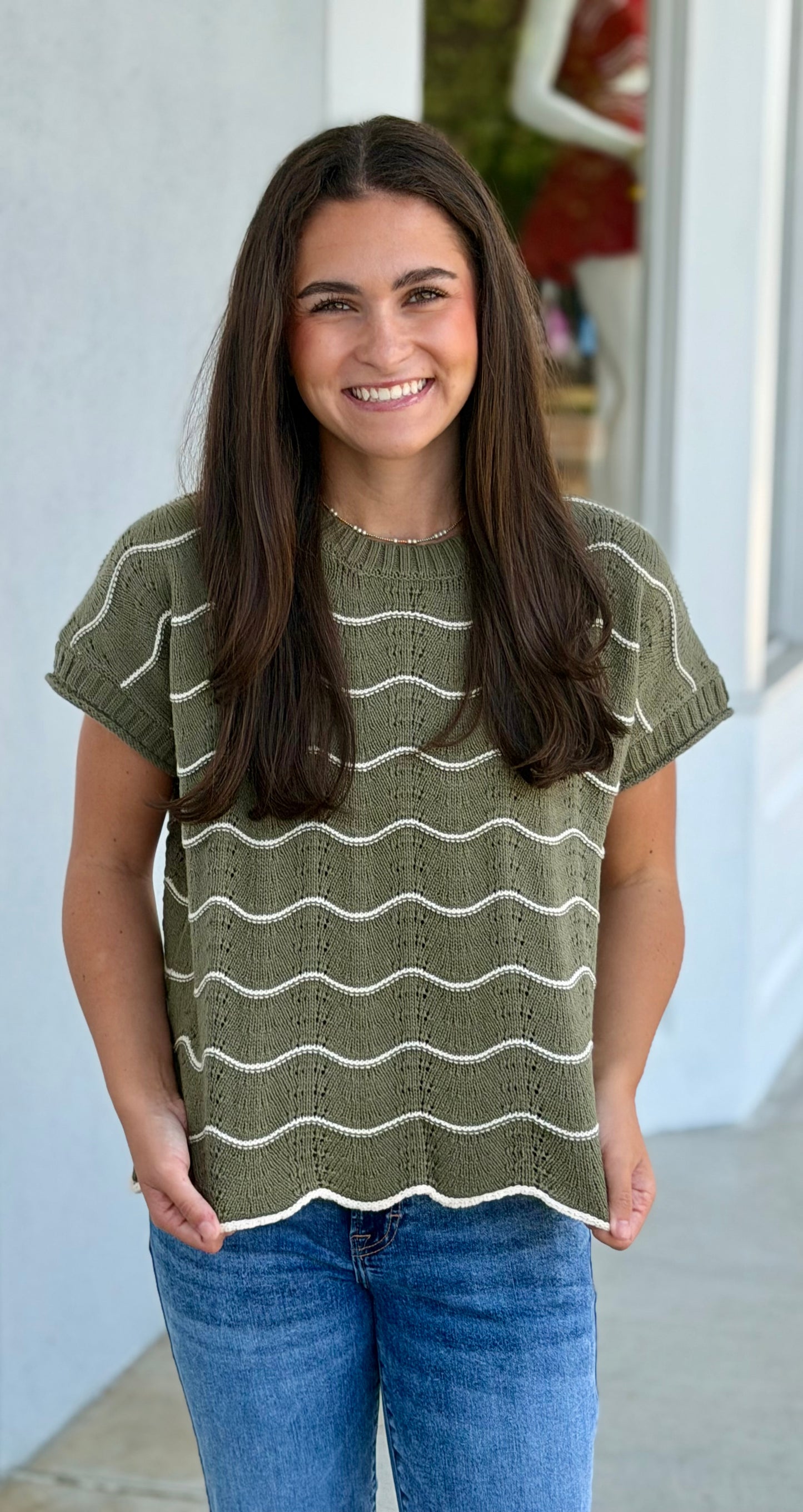 Olive Scallop Striped Sweater Top