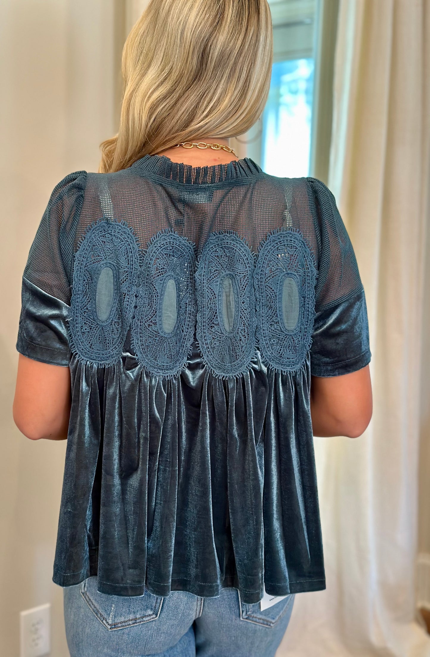 Lace Velvet Babydoll Top, Teal Green