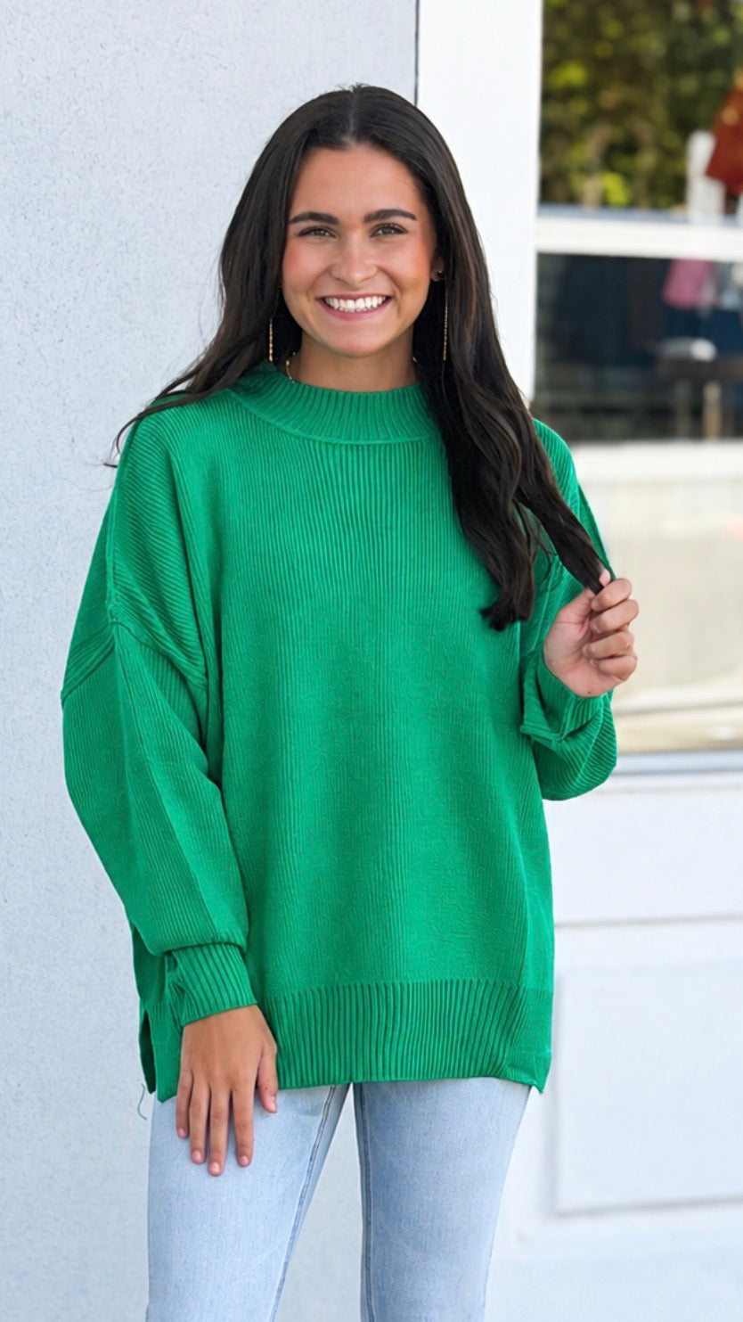 Drop Shoulder Oversized Mock Neck Sweater Top , Green