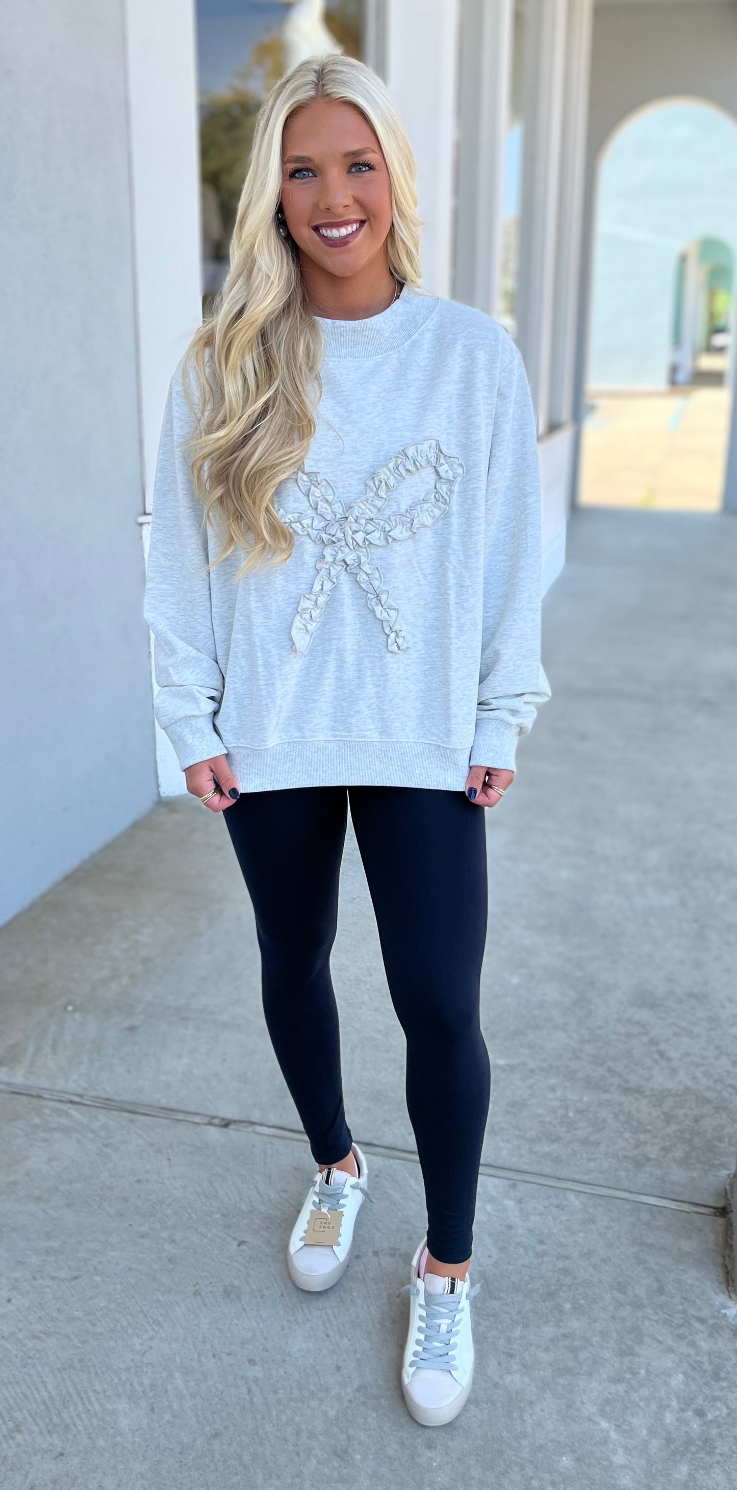 Mock Neck Sweatshirt W Ruffle Bow, H. Grey
