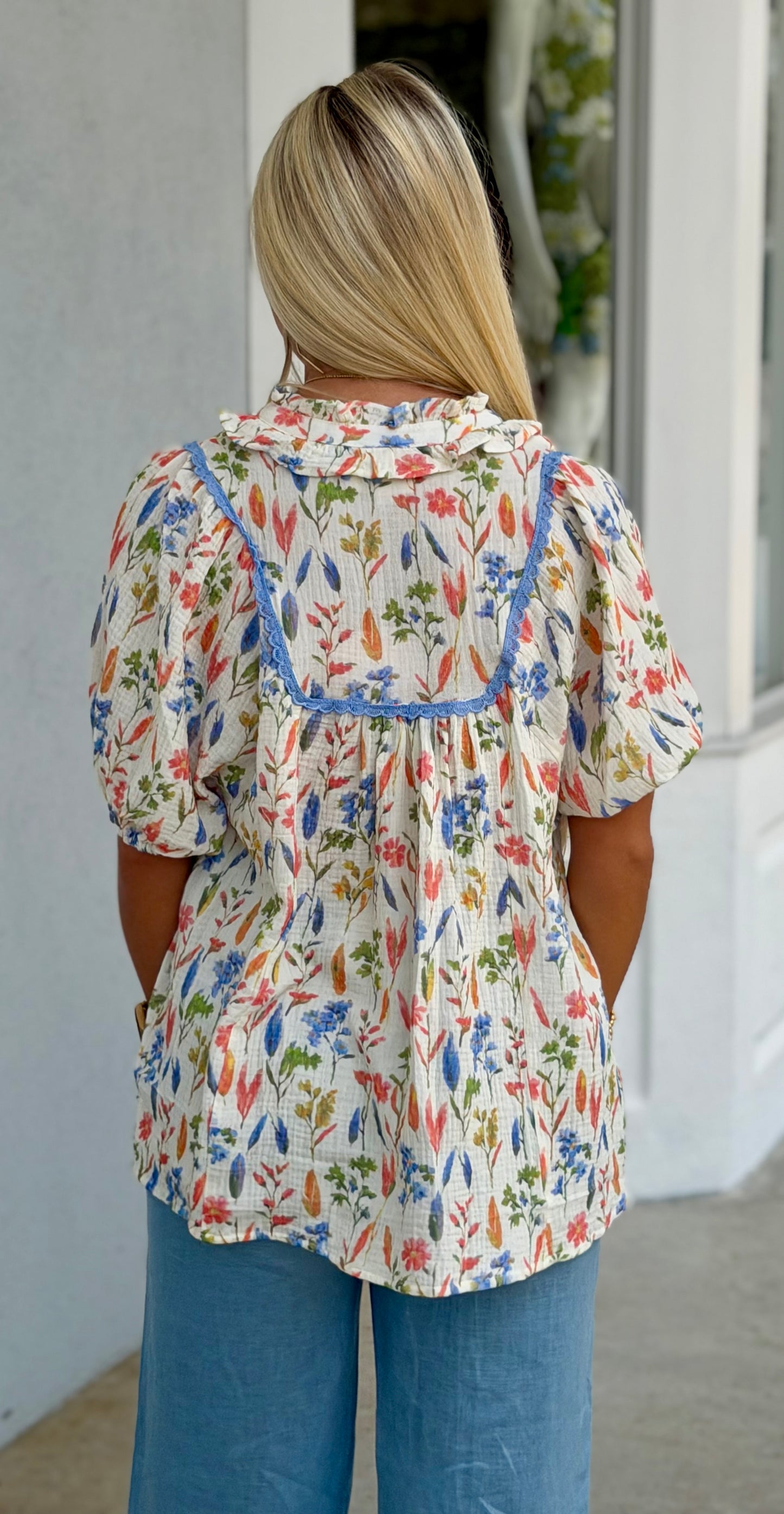 Multi Watercolor Floral Lace Trim Top