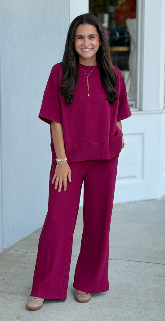 Ribbed Round Neck Tee and Pant SET, Cabernet