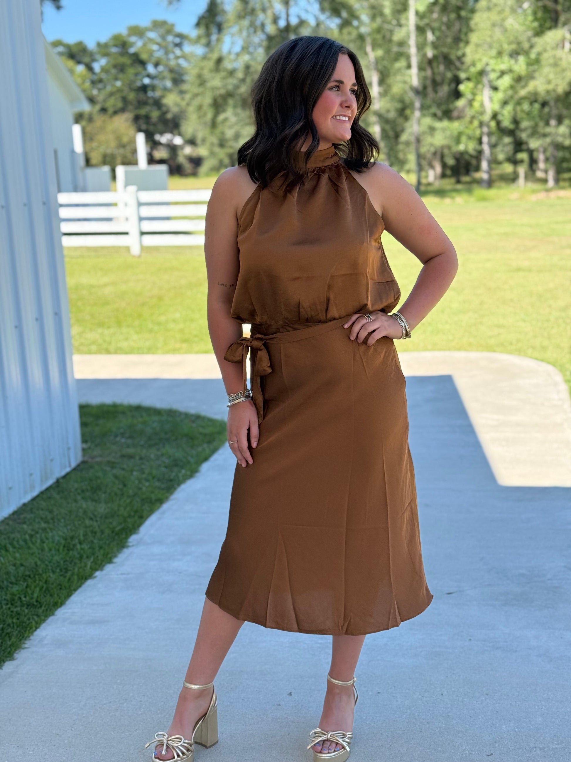Halter Neck Sleeveless Midi Dress, Camel Three Sisters Boutique Halter Neck Sleeveless Midi Dress, Camel Three Sisters Boutique
