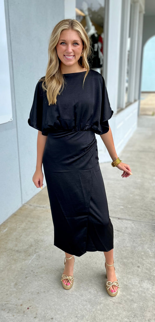 Black Wide Round Neck Asymmetrical Midi Dress