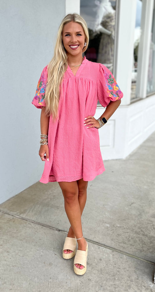 Coral Pink Embroidery Sleeve Dress