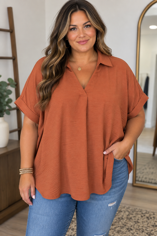 PLUS Drop Shoulder Collared Woven Top, Toffee