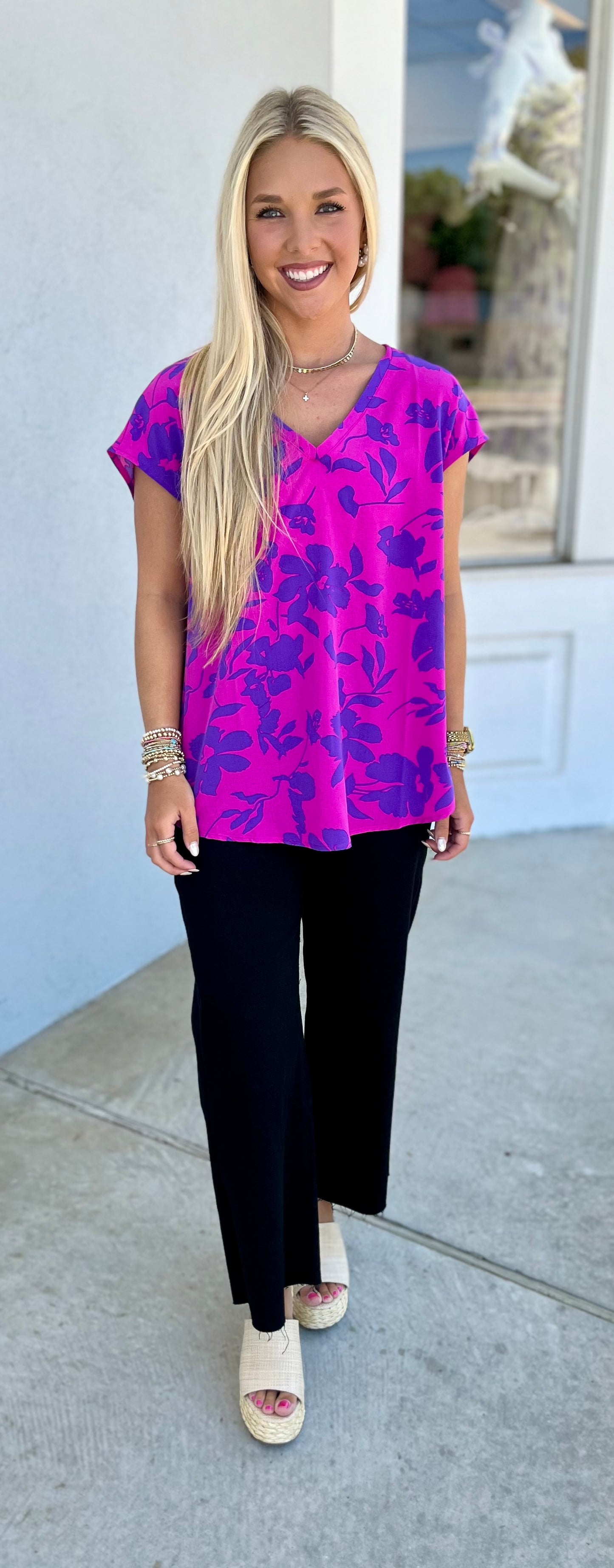 Purple Mix Flower Print Cap Sleeve Top