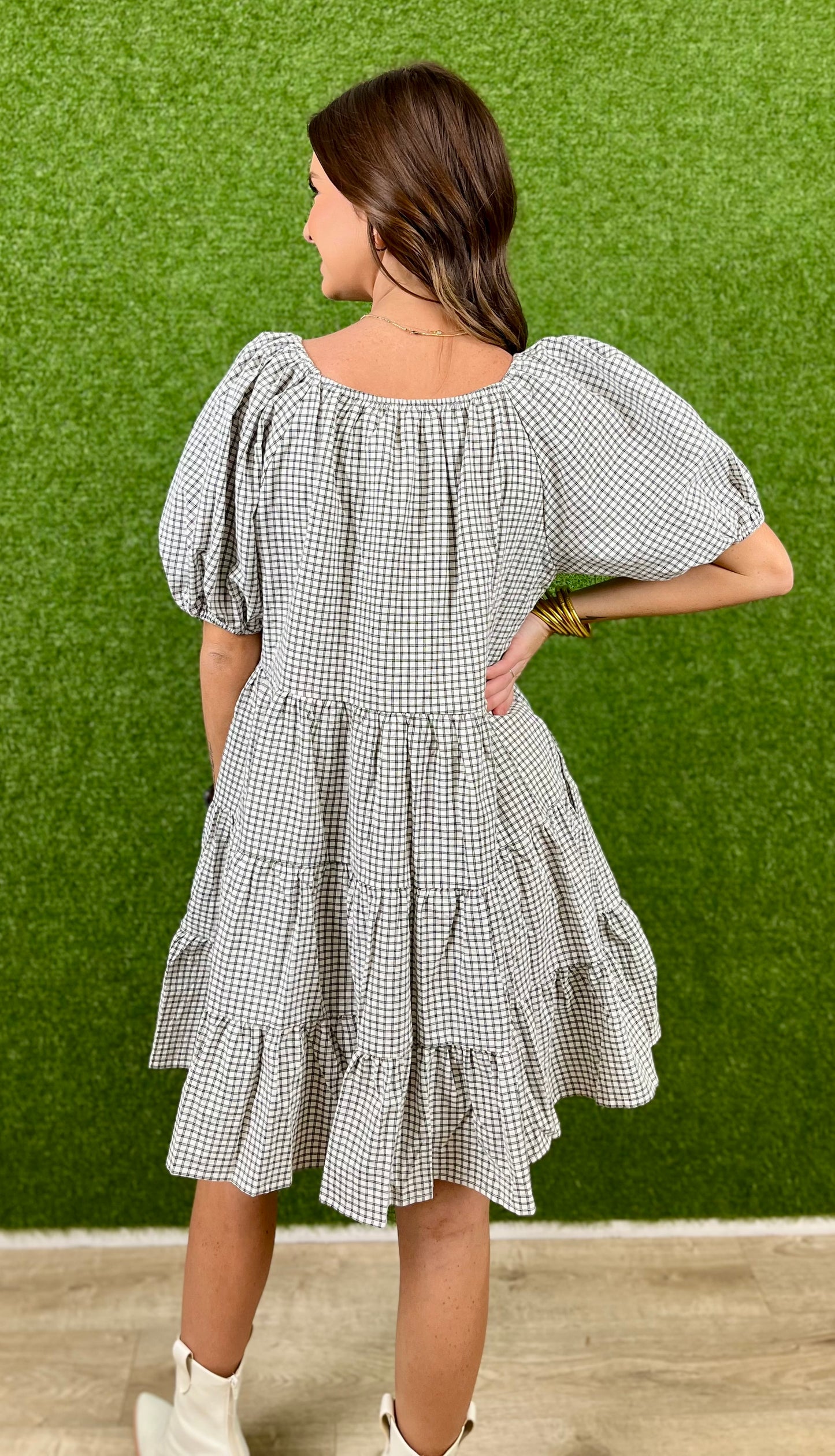 Ecru/Black Plaid Puff Sleeve Dress